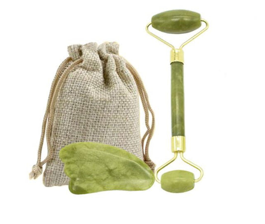 Jade Crystal Facial Roller & Gua Sha Set  All Skin Types Green 2 Piece